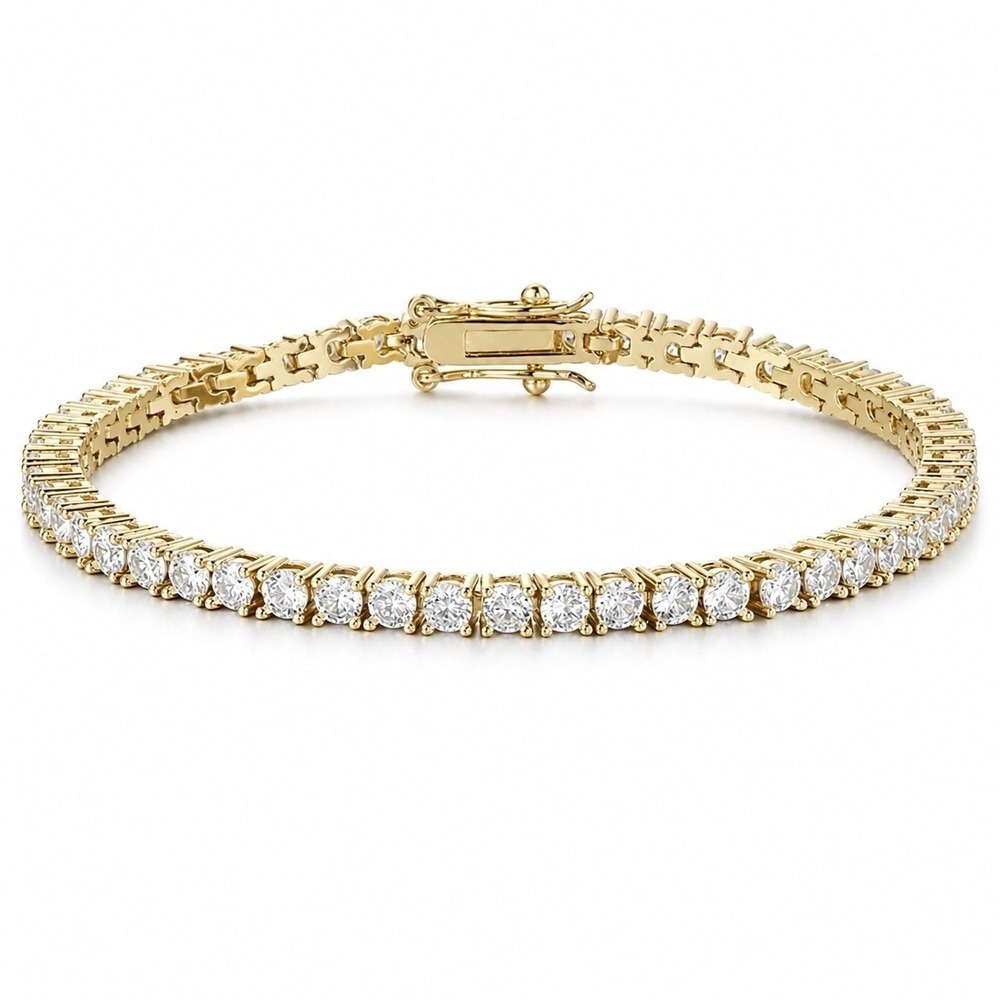 14K Gold Over Silver 7 Inch Cubic Zirconia Tennis Bracelet Round Cut CZ Clasp - Picture 3 of 7